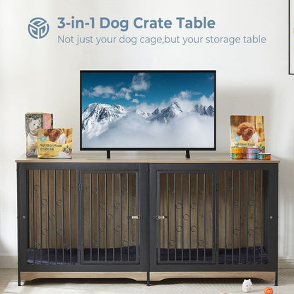 Cage pour chien 70.86'' en forme de meuble, grand modèle pour TV, avec coussin et deux compartiments (sans coussin)