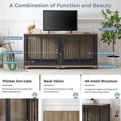 Cage pour chien 70.86'' en forme de meuble, grand modèle pour TV, avec coussin et deux compartiments (sans coussin)