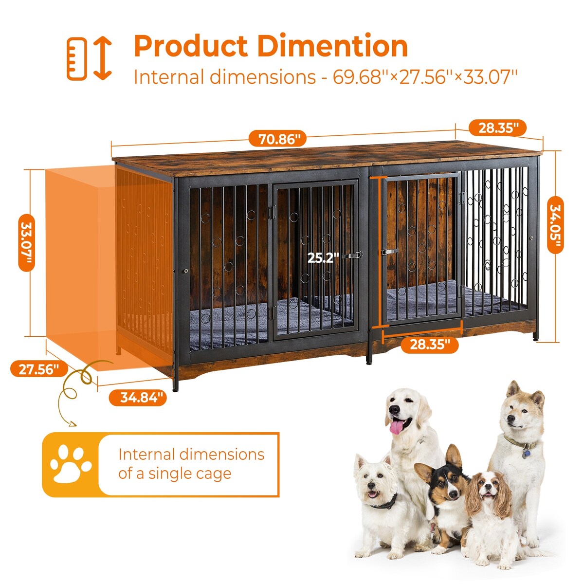 Cage pour chien 70.86'' en forme de meuble, grand modèle pour TV, avec coussin et deux compartiments (sans coussin)
