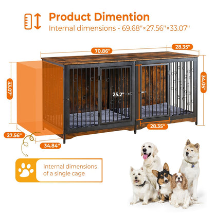 Cage pour chien 70.86'' en forme de meuble, grand modèle pour TV, avec coussin et deux compartiments (sans coussin)