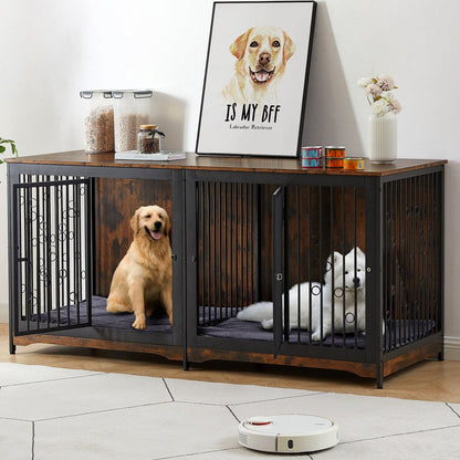 Cage pour chien 70.86'' en forme de meuble, grand modèle pour TV, avec coussin et deux compartiments (sans coussin)