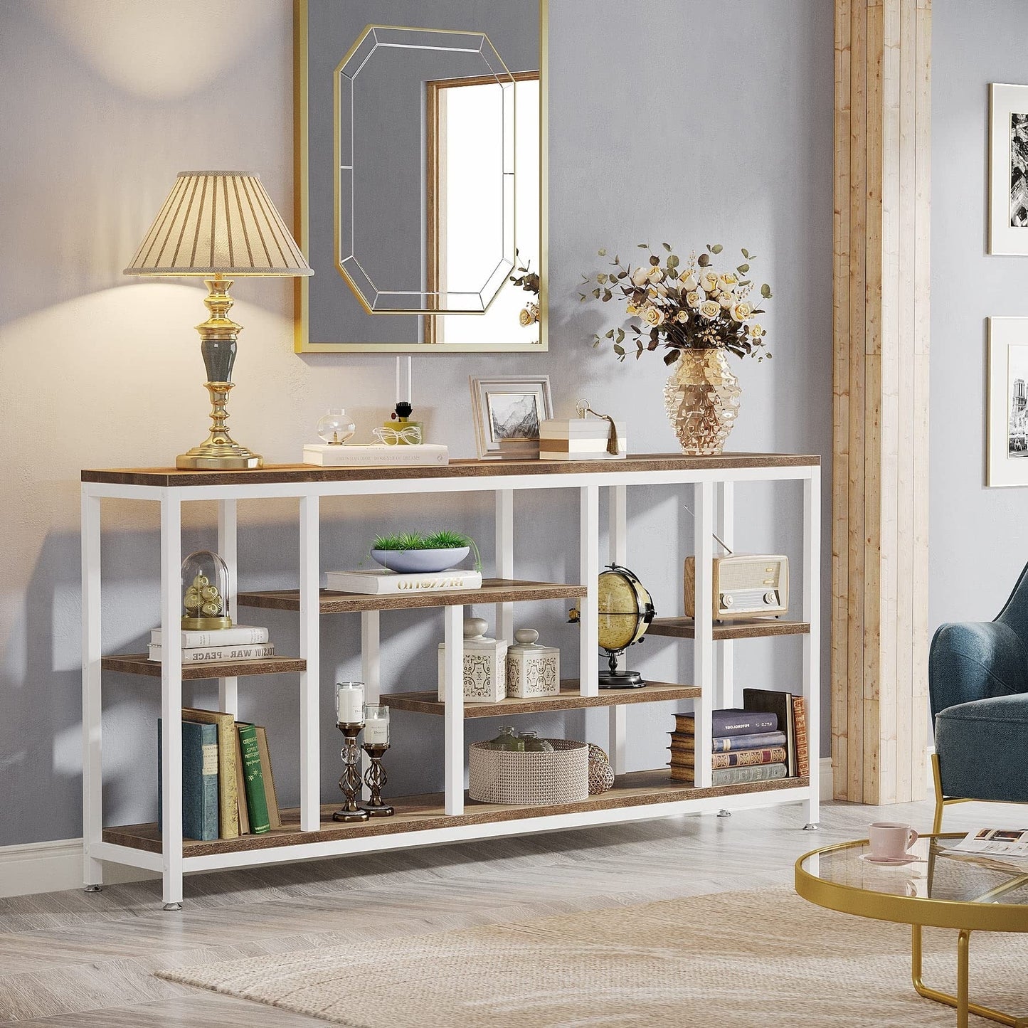 Table console de 180 cm avec rangement, table d'entrée à 3 niveaux pour couloir