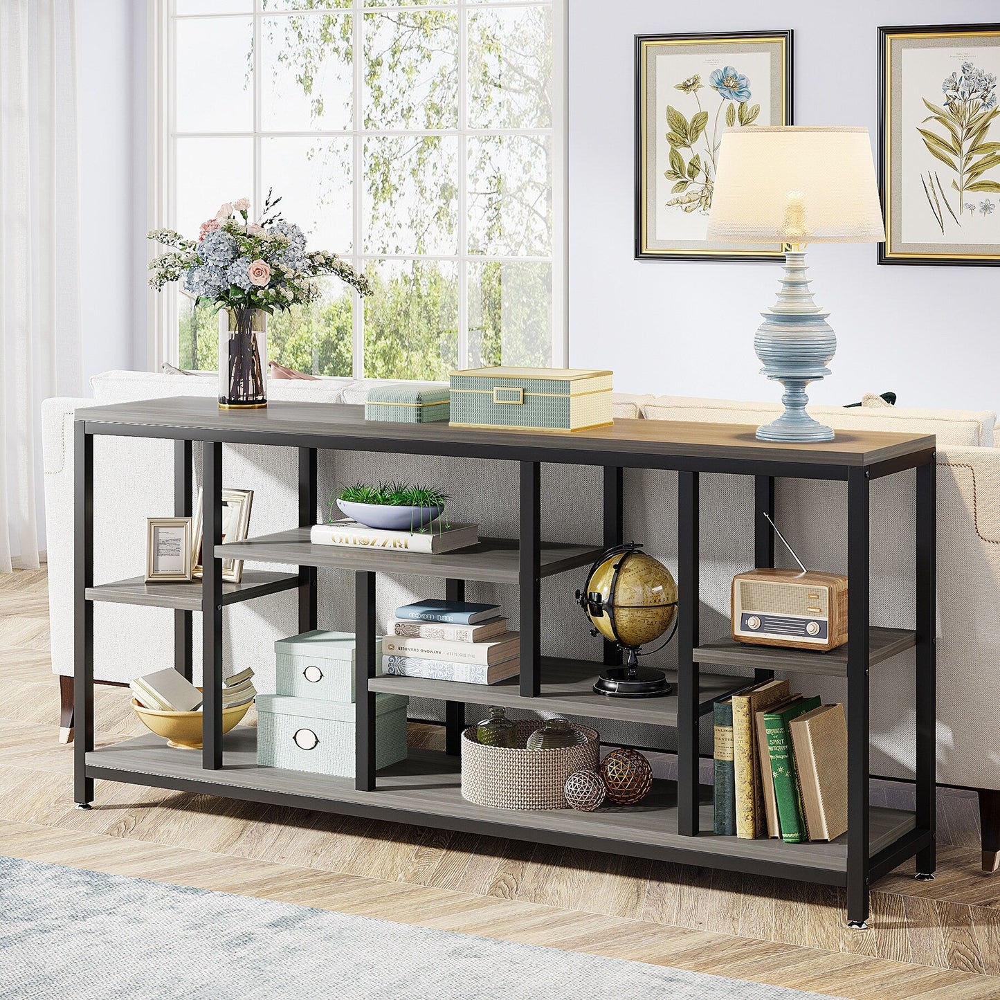 Table console de 180 cm avec rangement, table d'entrée à 3 niveaux pour couloir