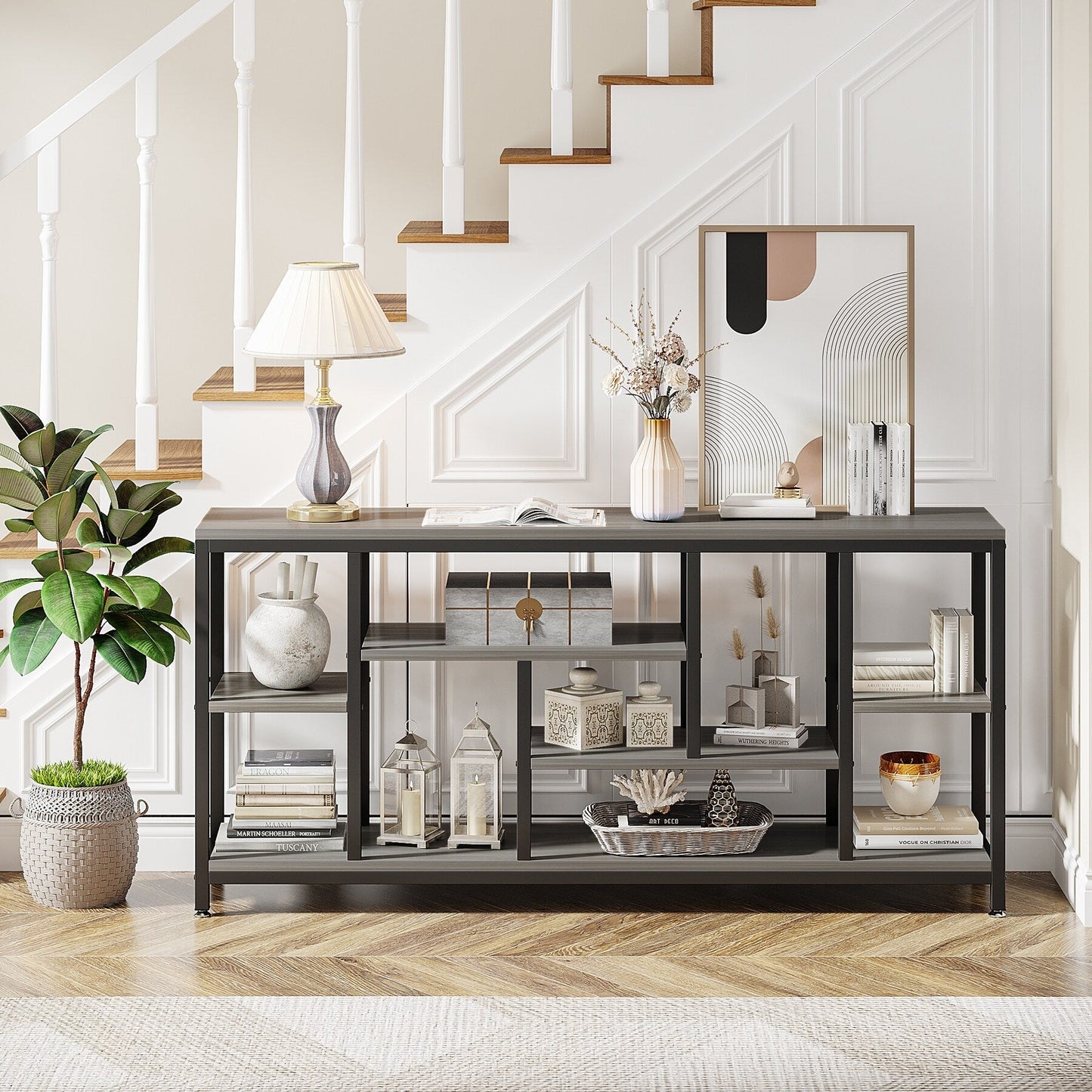 Table console de 180 cm avec rangement, table d'entrée à 3 niveaux pour couloir