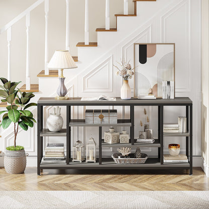 Table console de 180 cm avec rangement, table d'entrée à 3 niveaux pour couloir