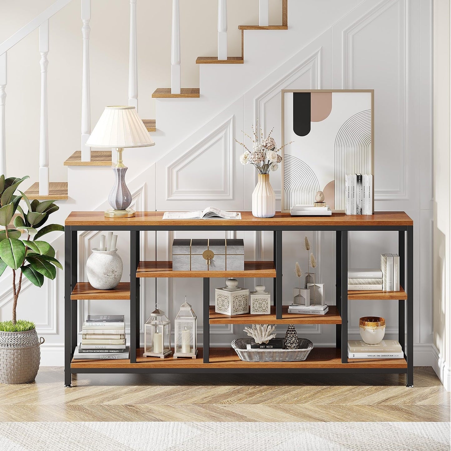 Table console de 180 cm avec rangement, table d'entrée à 3 niveaux pour couloir