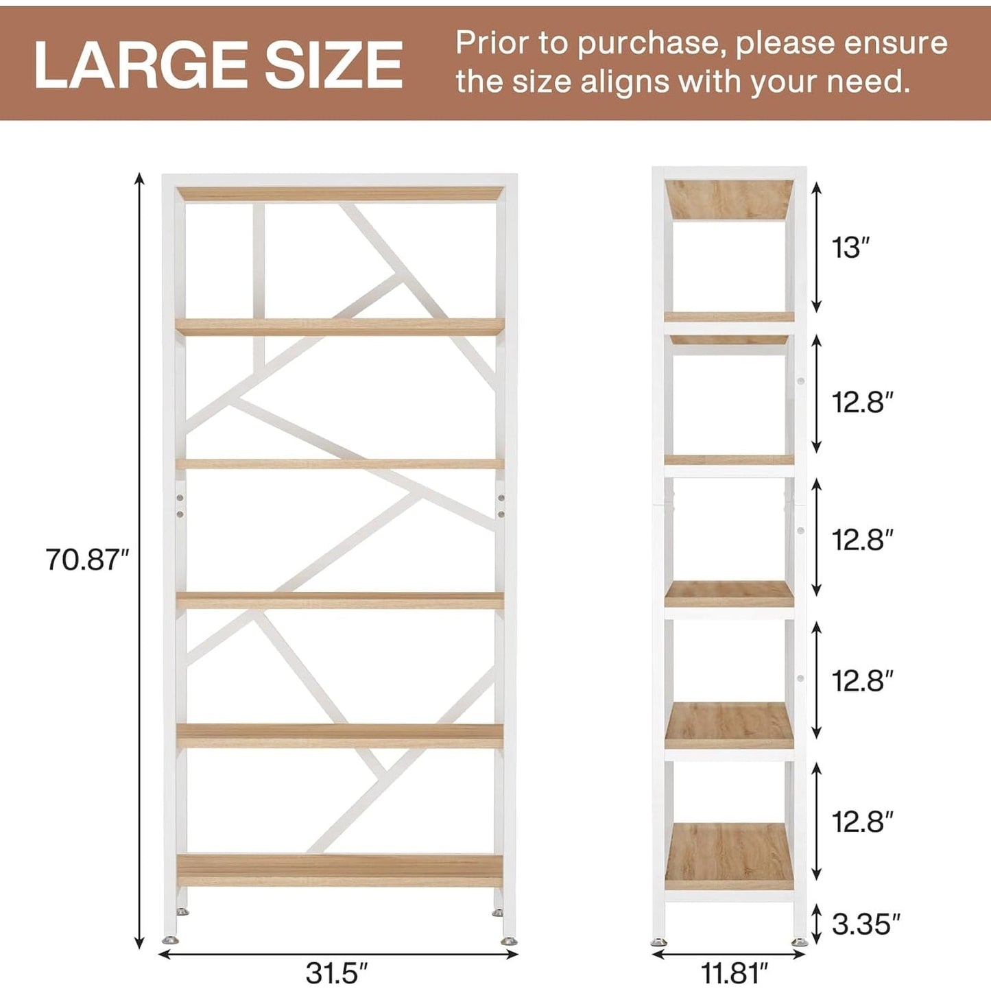 Étagère à livres industrielle de 71 pouces, bibliothèque en bois brun rustique à 6 niveaux, étagères ouvertes.