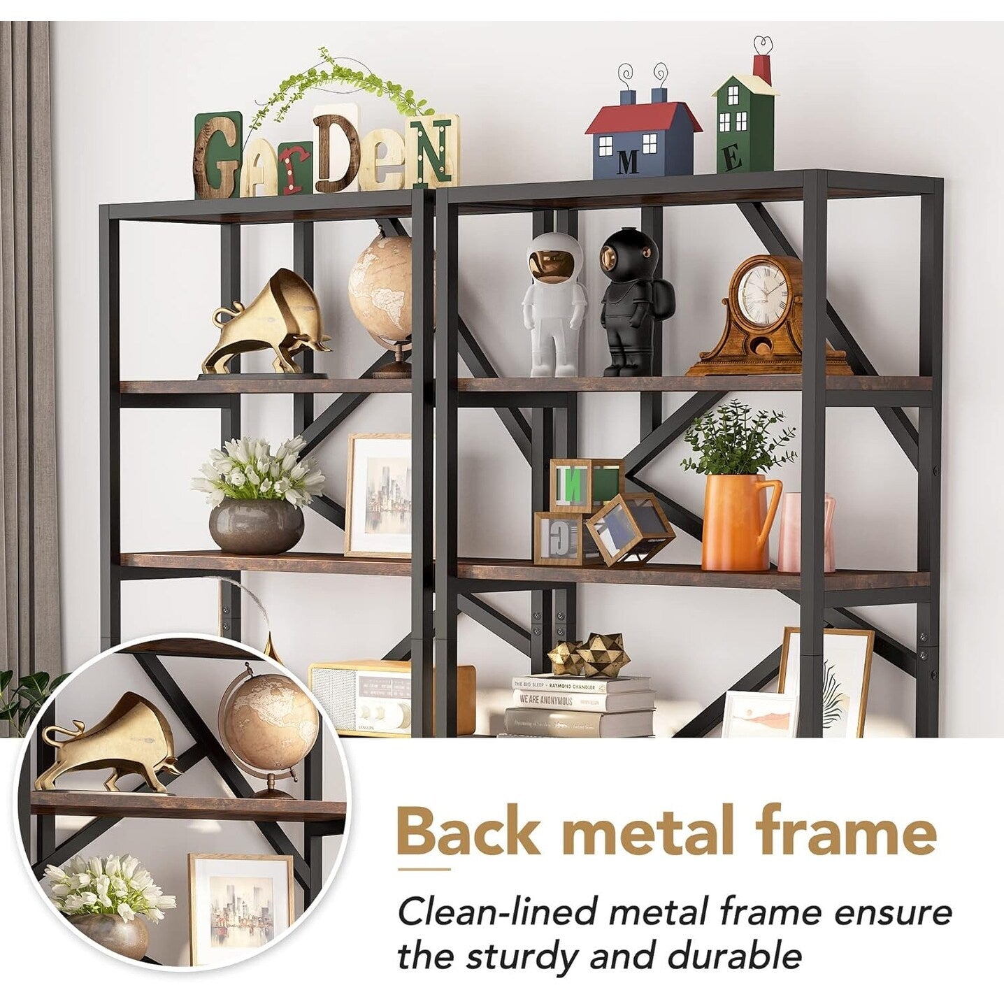 Étagère à livres industrielle de 71 pouces, bibliothèque en bois brun rustique à 6 niveaux, étagères ouvertes.