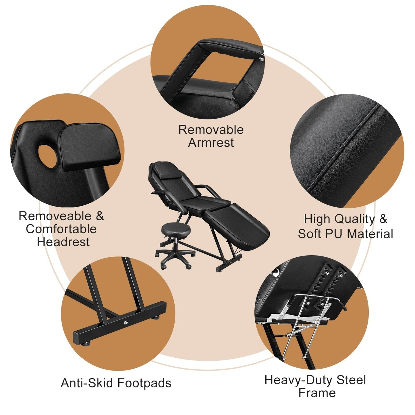 Table de massage, lit de beauté, chaise de tatouage réglable 73 avec tabouret