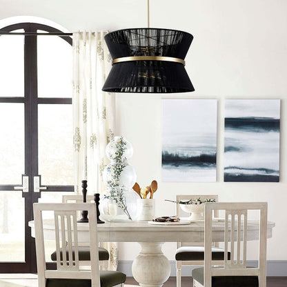 Grand lustre à tambour bohème moderne à 8 lumières, lustre en forme de sablier en tissu de 60 cm, tissé à la main, en or/noir, pour salle à manger/salon.