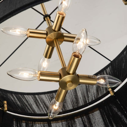 Grand lustre à tambour bohème moderne à 8 lumières, lustre en forme de sablier en tissu de 60 cm, tissé à la main, en or/noir, pour salle à manger/salon.