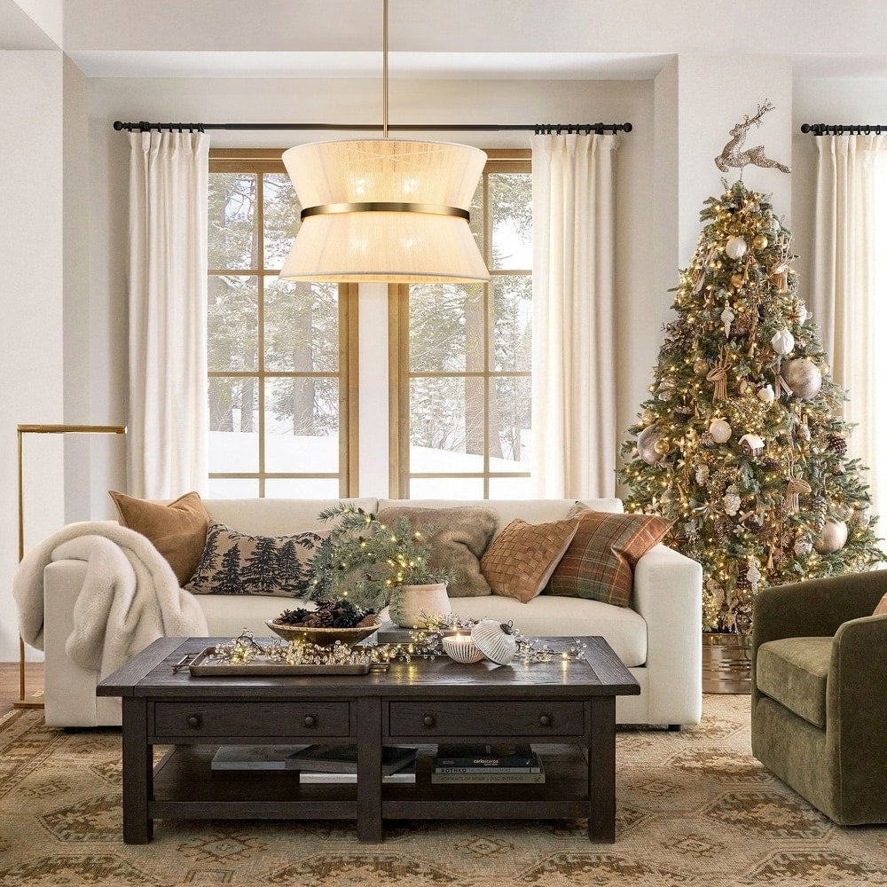 Grand lustre à tambour bohème moderne à 8 lumières, lustre en forme de sablier en tissu de 60 cm, tissé à la main, en or/noir, pour salle à manger/salon.