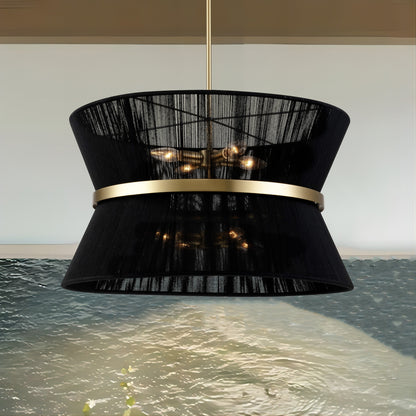 Grand lustre à tambour bohème moderne à 8 lumières, lustre en forme de sablier en tissu de 60 cm, tissé à la main, en or/noir, pour salle à manger/salon.