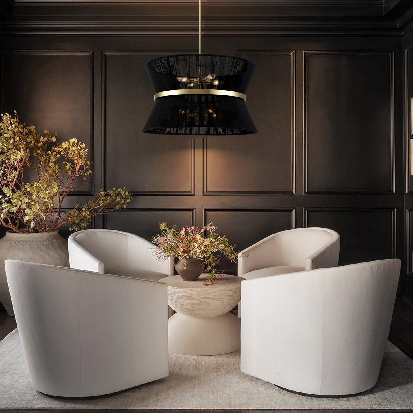 Grand lustre à tambour bohème moderne à 8 lumières, lustre en forme de sablier en tissu de 60 cm, tissé à la main, en or/noir, pour salle à manger/salon.