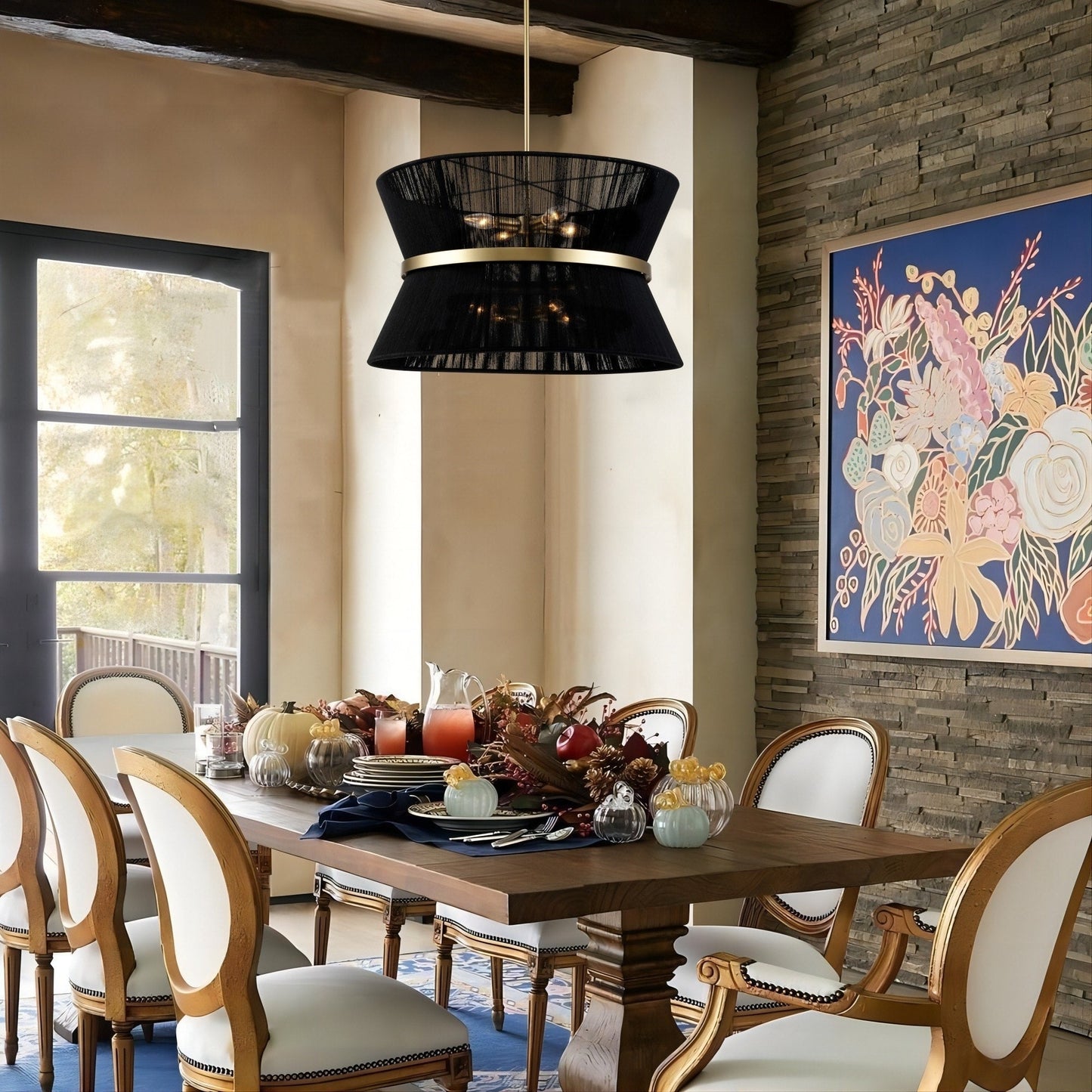 Grand lustre à tambour bohème moderne à 8 lumières, lustre en forme de sablier en tissu de 60 cm, tissé à la main, en or/noir, pour salle à manger/salon.