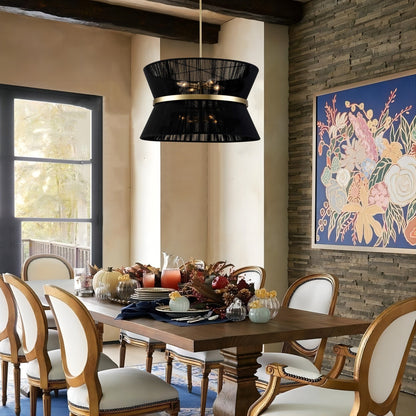 Grand lustre à tambour bohème moderne à 8 lumières, lustre en forme de sablier en tissu de 60 cm, tissé à la main, en or/noir, pour salle à manger/salon.