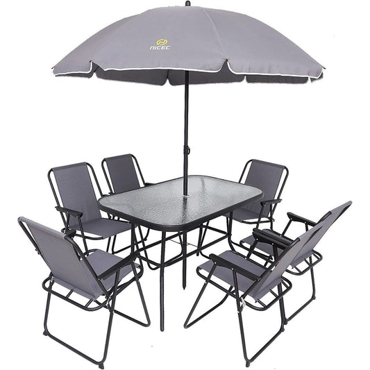 Ensemble de repas de terrasse 8 pièces, ensemble de table de jardin d'extérieur avec parasol amovible, table en verre et 6 chaises pliantes