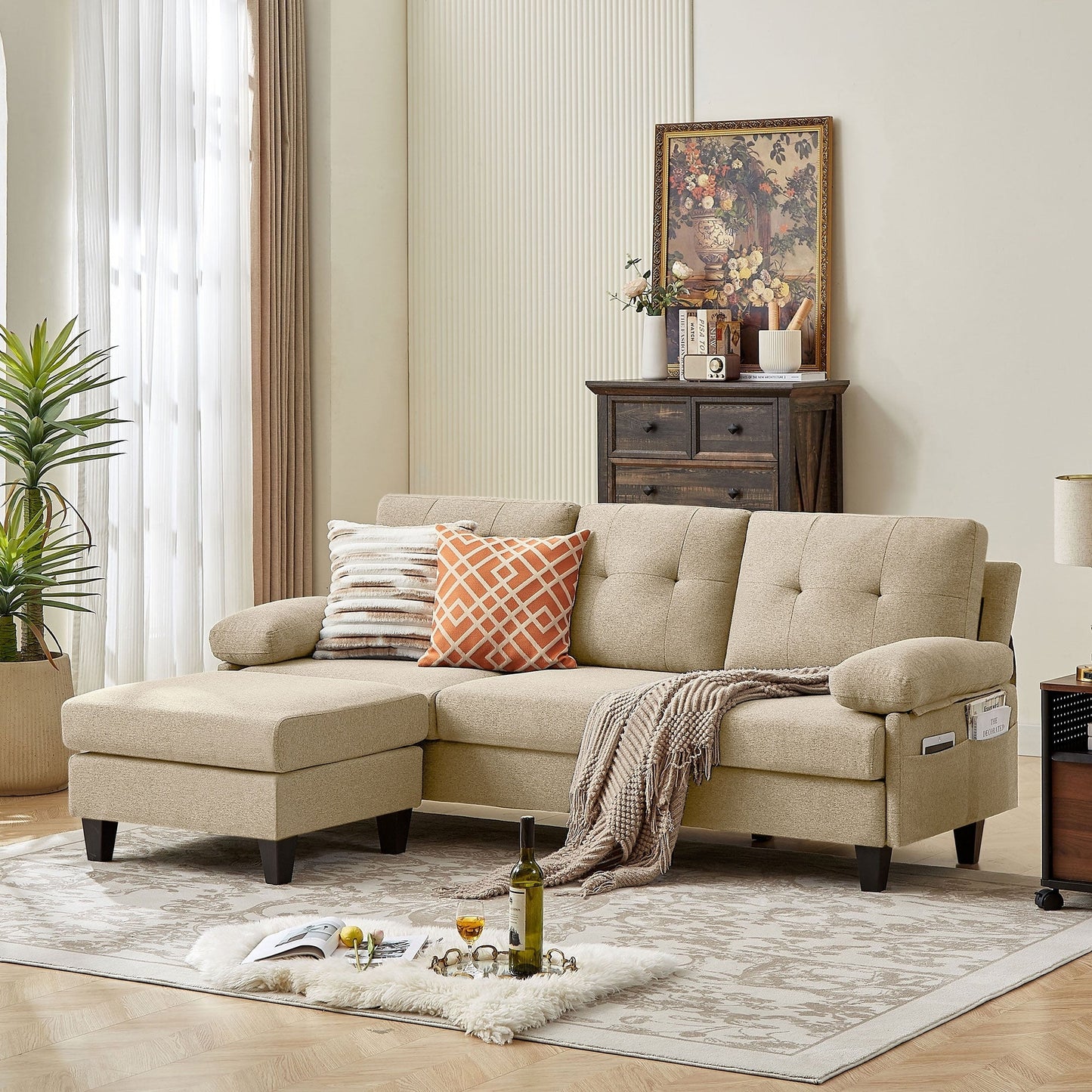 Canapé d'angle en forme de L de 86,22 pouces avec poches de rangement latérales