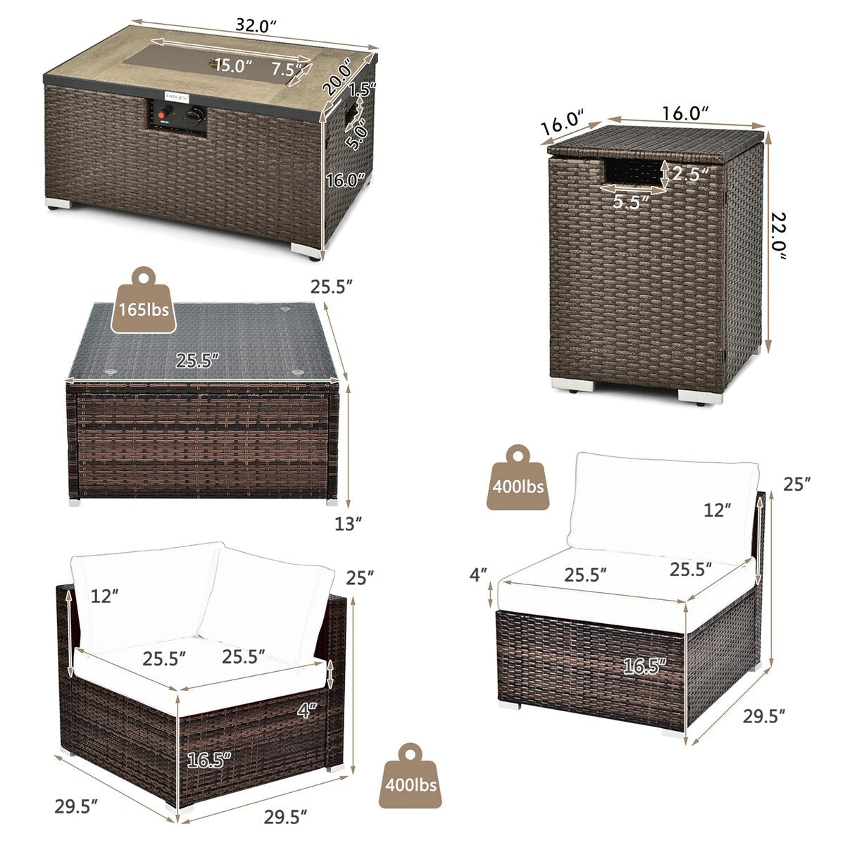 Ensemble de meubles de jardin en rotin 8 pièces, avec table de foyer, support de réservoir et housse de terrasse.