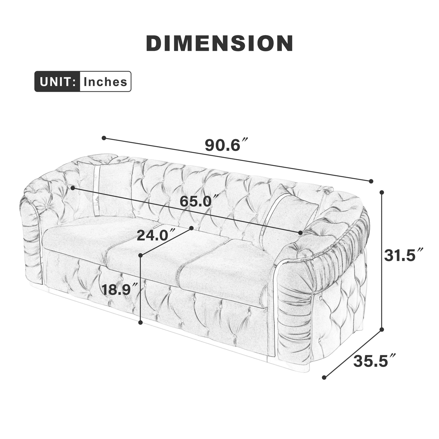 Canapé 3 places en velours 90.6 avec 2 coussins, coussins haute densité, accents dorés et oreillers