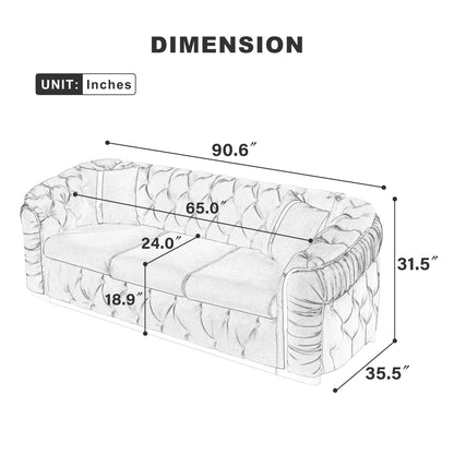 Canapé 3 places en velours 90.6 avec 2 coussins, coussins haute densité, accents dorés et oreillers