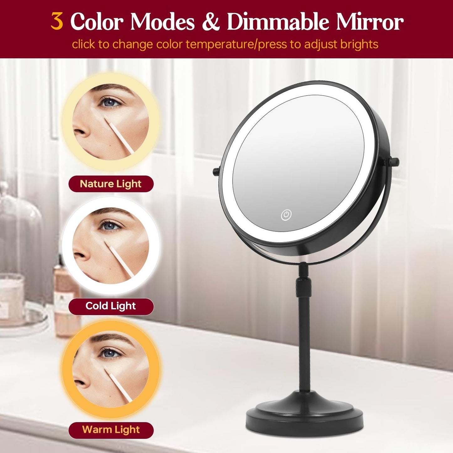 Miroir de maquillage à 9 lumières LED, miroir grossissant double face avec grossissement 1X/10X, 3 couleurs d'éclairage