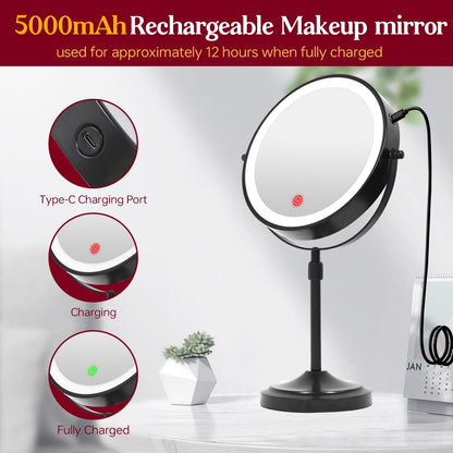 Miroir de maquillage à 9 lumières LED, miroir grossissant double face avec grossissement 1X/10X, 3 couleurs d'éclairage
