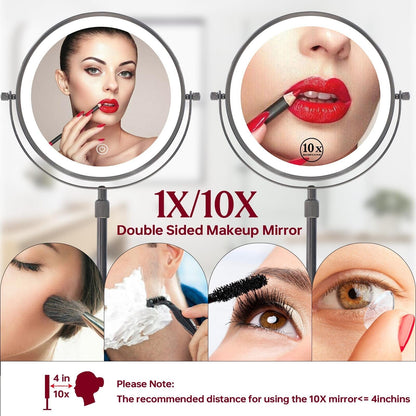 Miroir de maquillage à 9 lumières LED, miroir grossissant double face avec grossissement 1X/10X, 3 couleurs d'éclairage