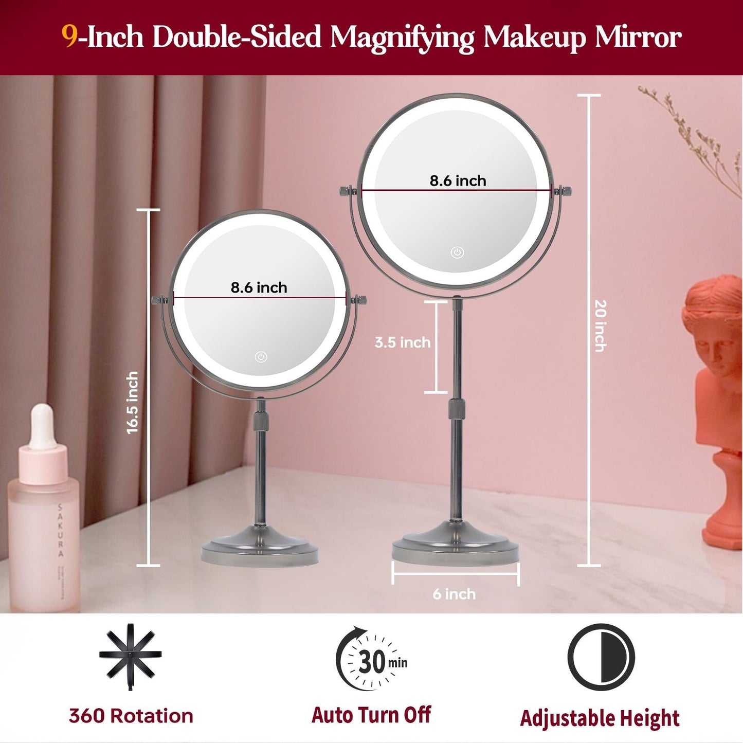 Miroir de maquillage à 9 lumières LED, miroir grossissant double face avec grossissement 1X/10X, 3 couleurs d'éclairage