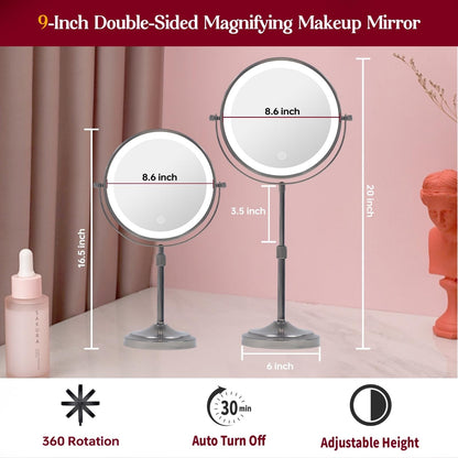Miroir de maquillage à 9 lumières LED, miroir grossissant double face avec grossissement 1X/10X, 3 couleurs d'éclairage