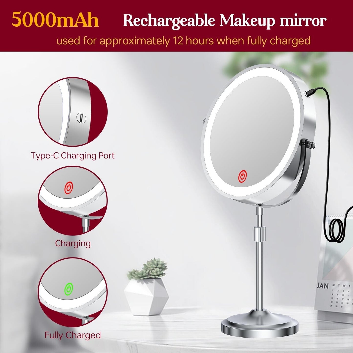 Miroir de maquillage à 9 lumières LED, miroir grossissant double face avec grossissement 1X/10X, 3 couleurs d'éclairage