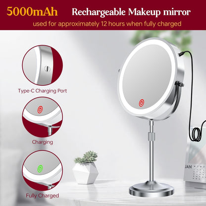 Miroir de maquillage à 9 lumières LED, miroir grossissant double face avec grossissement 1X/10X, 3 couleurs d'éclairage