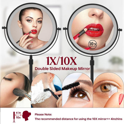 Miroir de maquillage à 9 lumières LED, miroir grossissant double face avec grossissement 1X/10X, 3 couleurs d'éclairage