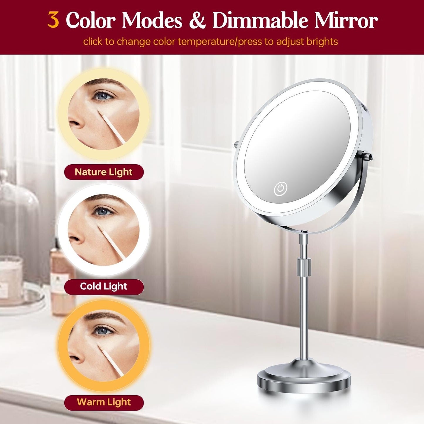 Miroir de maquillage à 9 lumières LED, miroir grossissant double face avec grossissement 1X/10X, 3 couleurs d'éclairage
