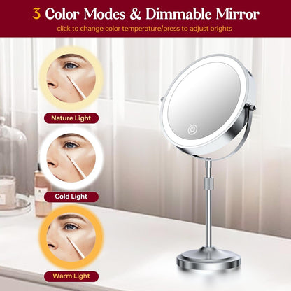 Miroir de maquillage à 9 lumières LED, miroir grossissant double face avec grossissement 1X/10X, 3 couleurs d'éclairage