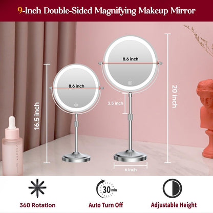 Miroir de maquillage à 9 lumières LED, miroir grossissant double face avec grossissement 1X/10X, 3 couleurs d'éclairage