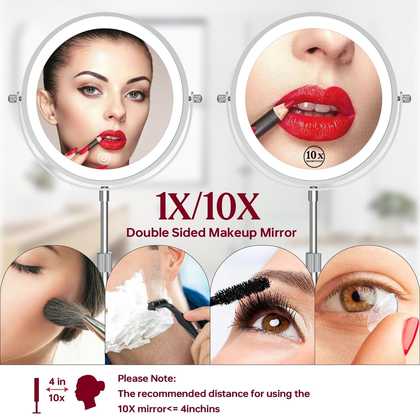 Miroir de maquillage à 9 lumières LED, miroir grossissant double face avec grossissement 1X/10X, 3 couleurs d'éclairage