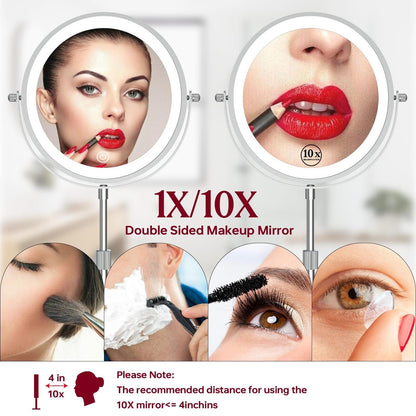 Miroir de maquillage à 9 lumières LED, miroir grossissant double face avec grossissement 1X/10X, 3 couleurs d'éclairage