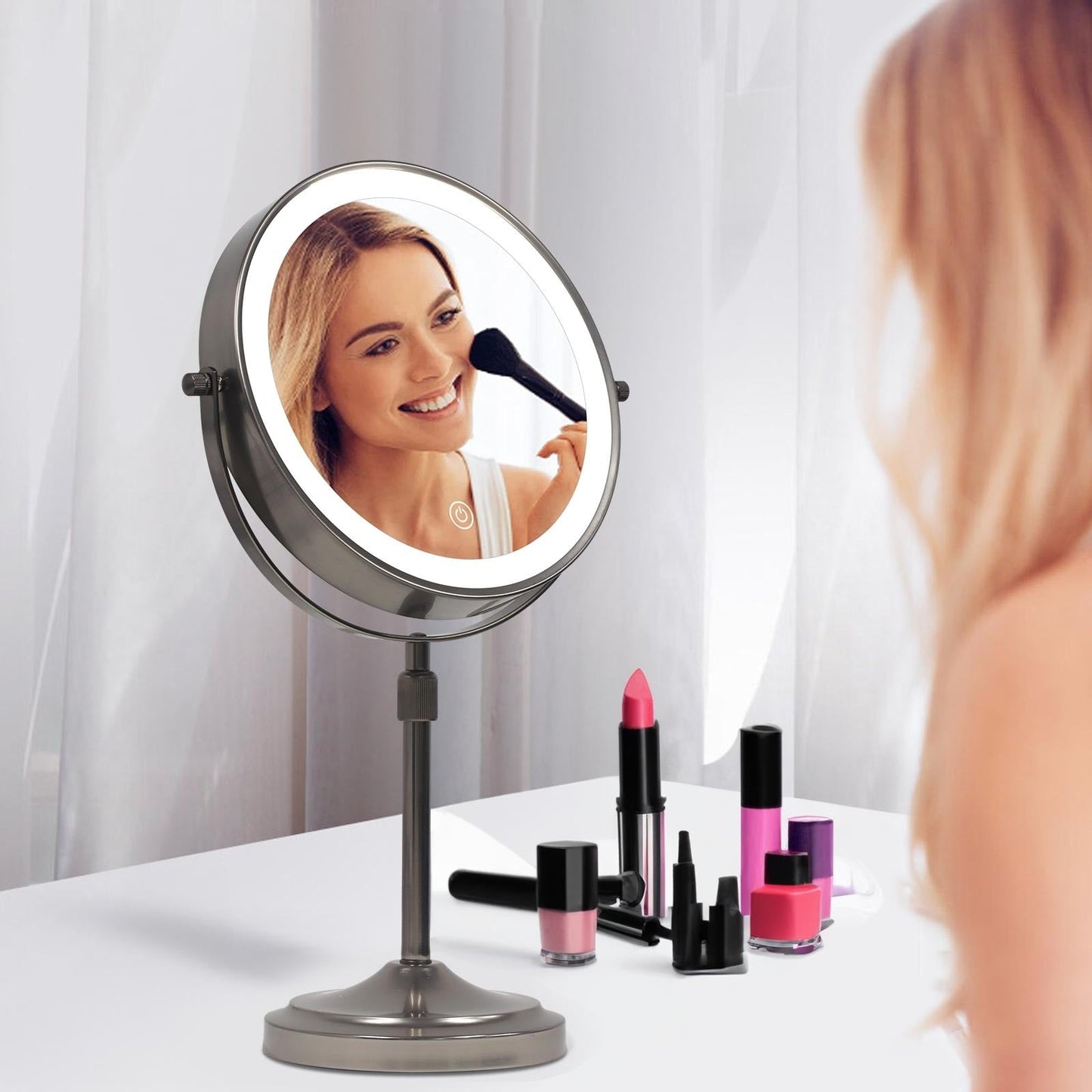 Miroir de maquillage à 9 lumières LED, miroir grossissant double face avec grossissement 1X/10X, 3 couleurs d'éclairage