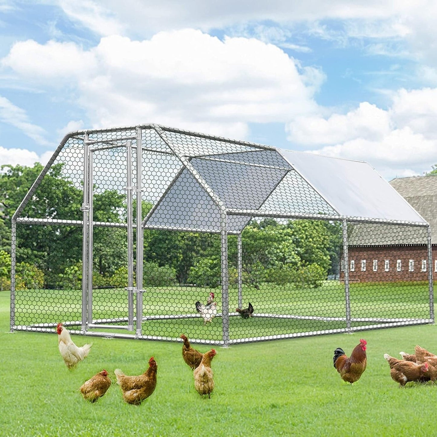 AECOJOY Grande Volière pour Poules en Métal, Cage à Poules en Métal avec Accès Direct