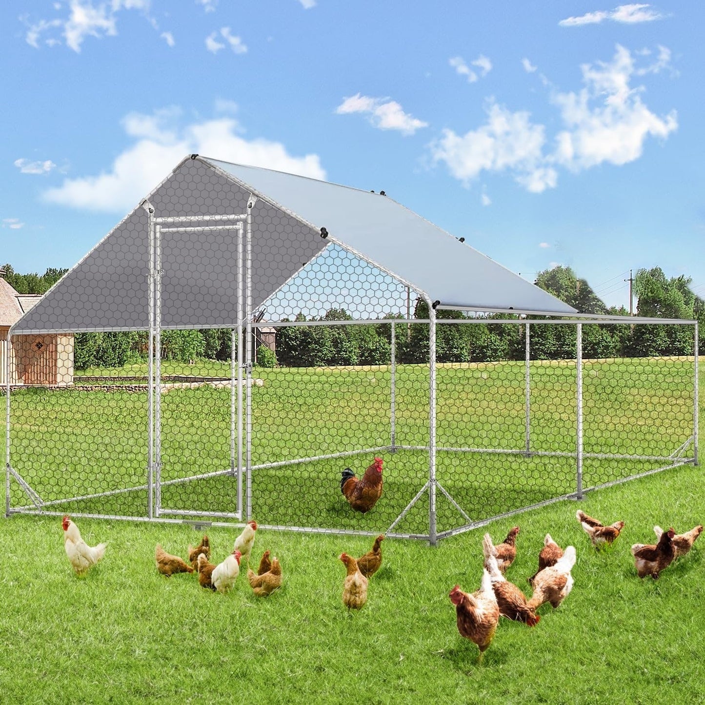AECOJOY Grande Volière pour Poules en Métal, Cage à Poules en Métal avec Accès Direct