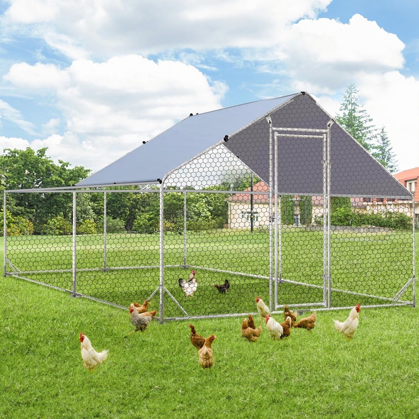 AECOJOY Grande Volière pour Poules en Métal, Cage à Poules en Métal avec Accès Direct