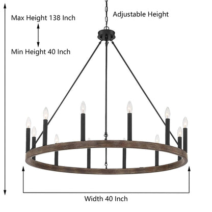 Suspension Acroma à 12 lumières, style ferme, en forme de roue de charrette de 40 pouces, avec certification UL - 40'' de diamètre x 138'' de hauteur