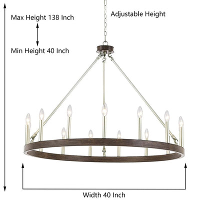 Suspension Acroma à 12 lumières, style ferme, en forme de roue de charrette de 40 pouces, avec certification UL - 40'' de diamètre x 138'' de hauteur