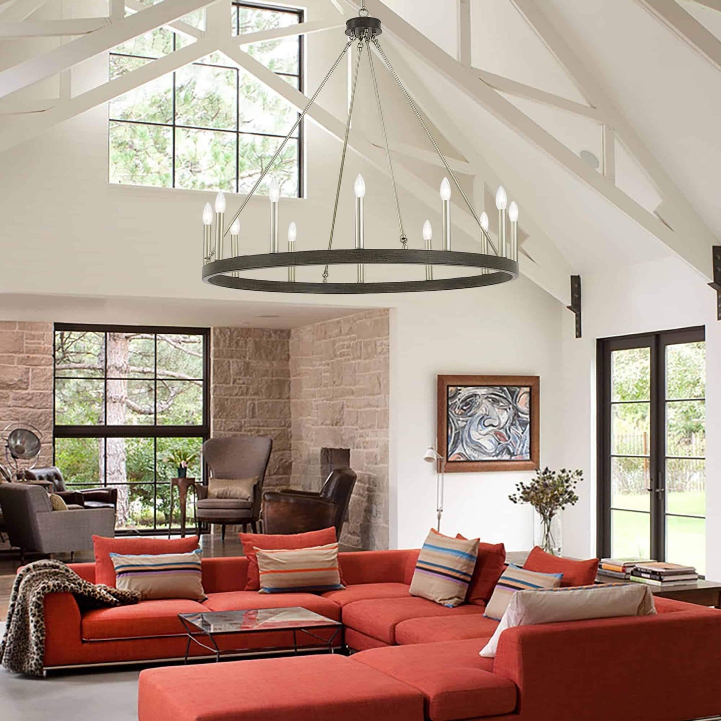 Suspension Acroma à 12 lumières, style ferme, en forme de roue de charrette de 40 pouces, avec certification UL - 40'' de diamètre x 138'' de hauteur