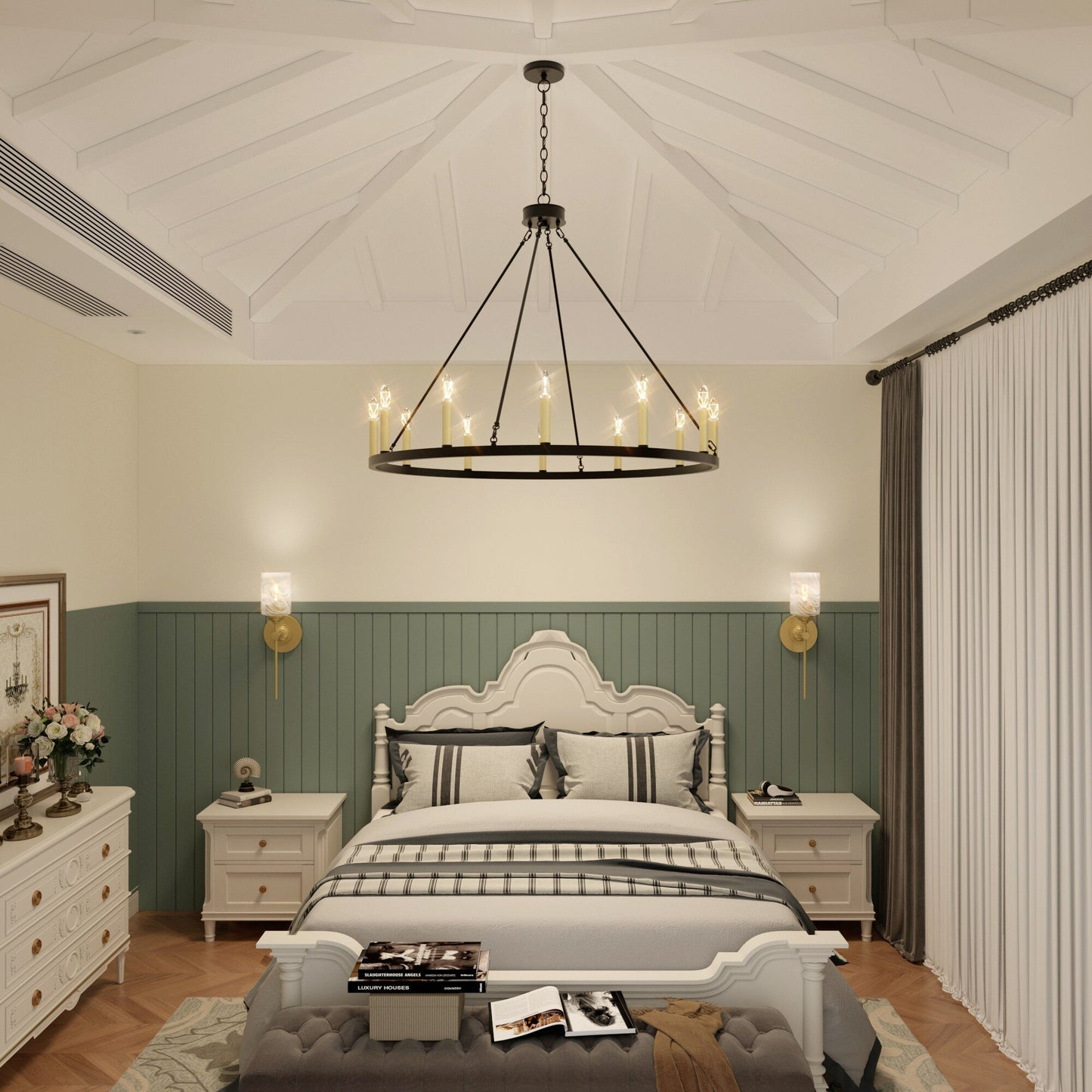 Suspension Acroma à 12 lumières, style ferme, en forme de roue de charrette de 40 pouces, avec certification UL - 40'' de diamètre x 138'' de hauteur