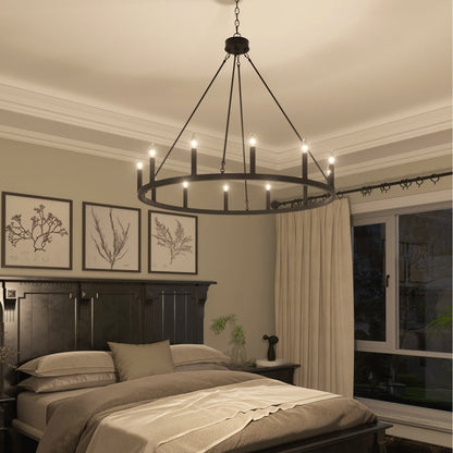 Suspension Acroma à 12 lumières, style ferme, en forme de roue de charrette de 40 pouces, avec certification UL - 40'' de diamètre x 138'' de hauteur