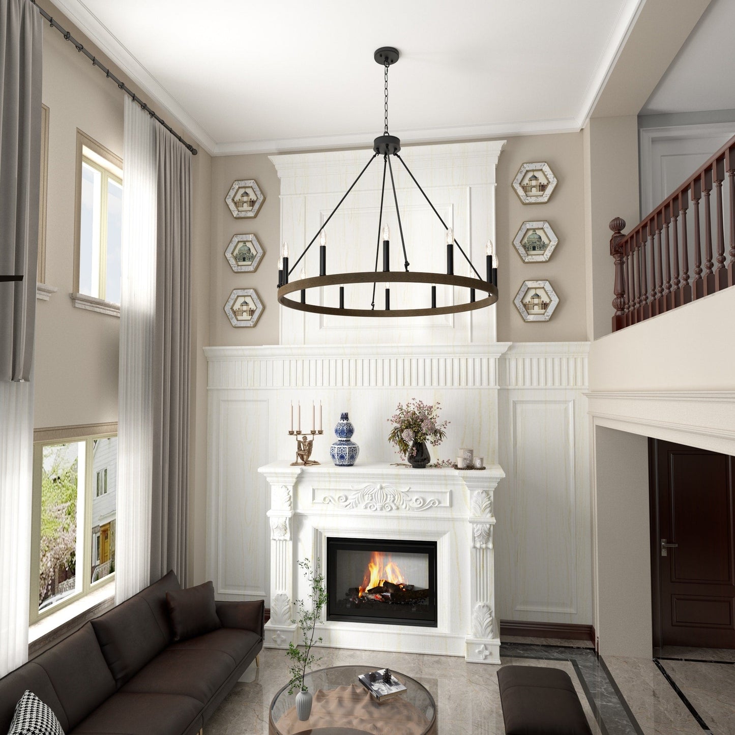 Suspension Acroma à 12 lumières, style ferme, en forme de roue de charrette de 40 pouces, avec certification UL - 40'' de diamètre x 138'' de hauteur