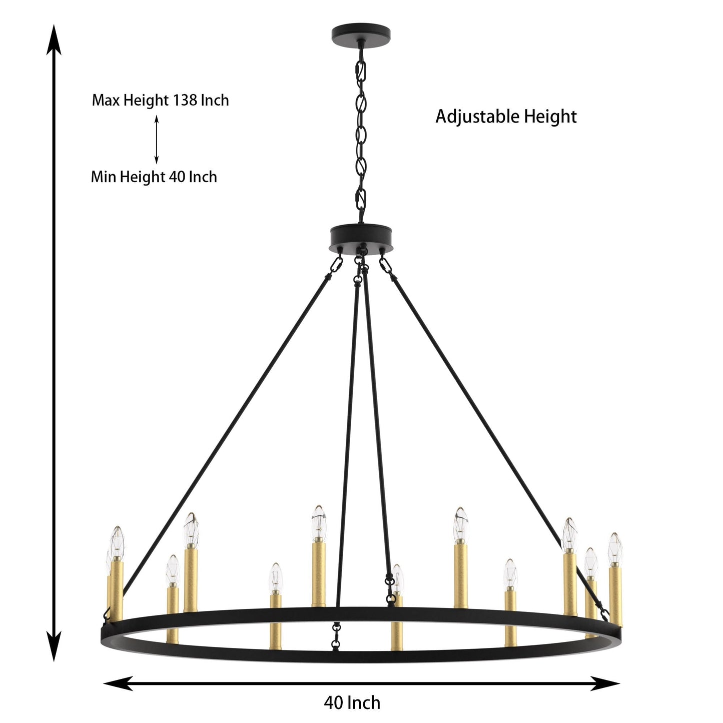 Suspension Acroma à 12 lumières, style ferme, en forme de roue de charrette de 40 pouces, avec certification UL - 40'' de diamètre x 138'' de hauteur