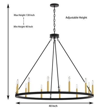 Suspension Acroma à 12 lumières, style ferme, en forme de roue de charrette de 40 pouces, avec certification UL - 40'' de diamètre x 138'' de hauteur